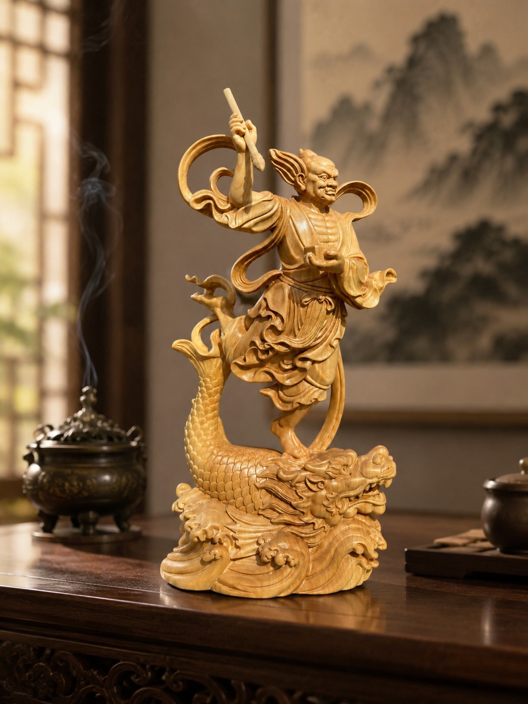 Kui Xing Wood Statue, approved main product view.