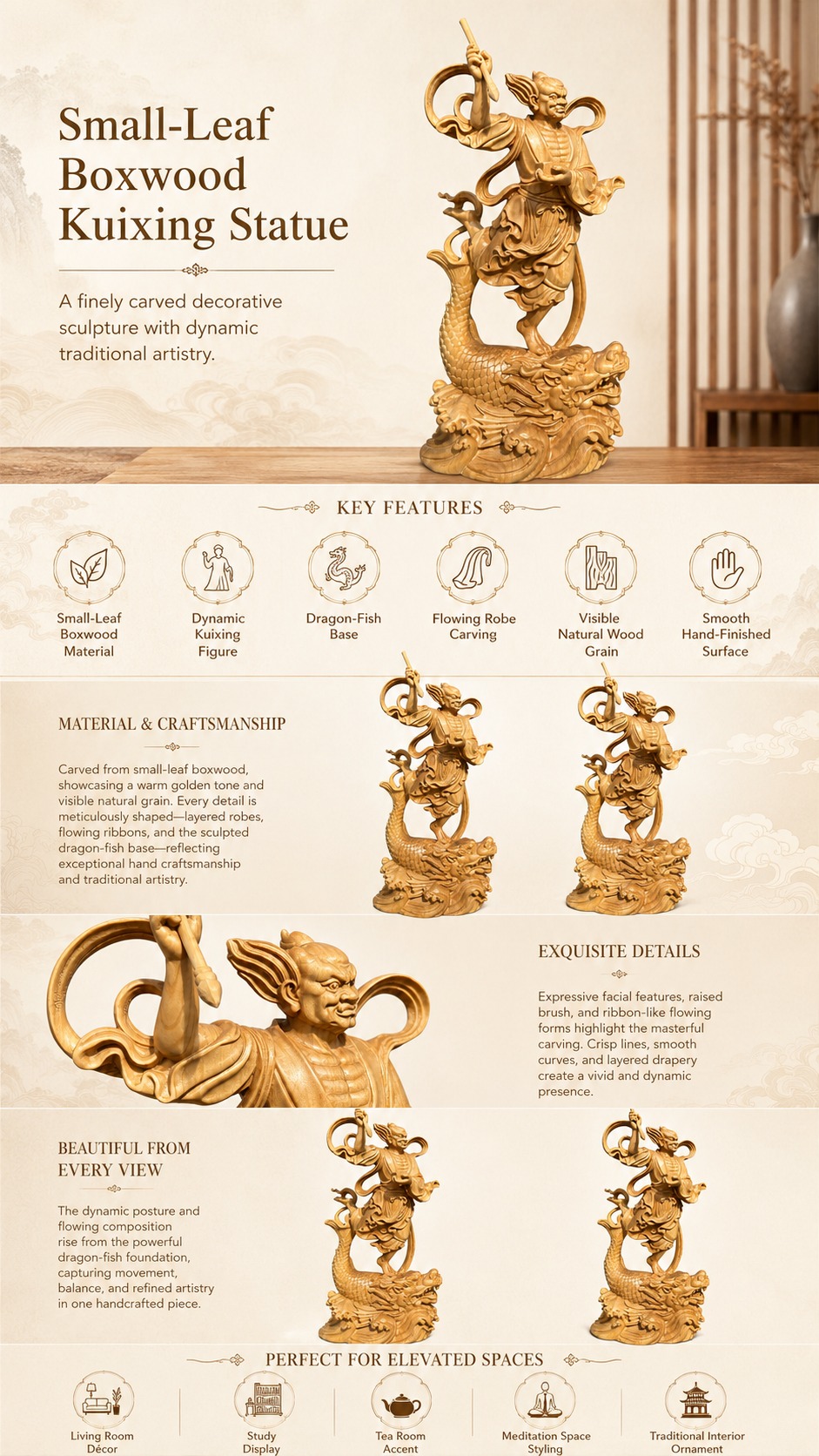Kui Xing Wood Statue, approved detail product view.