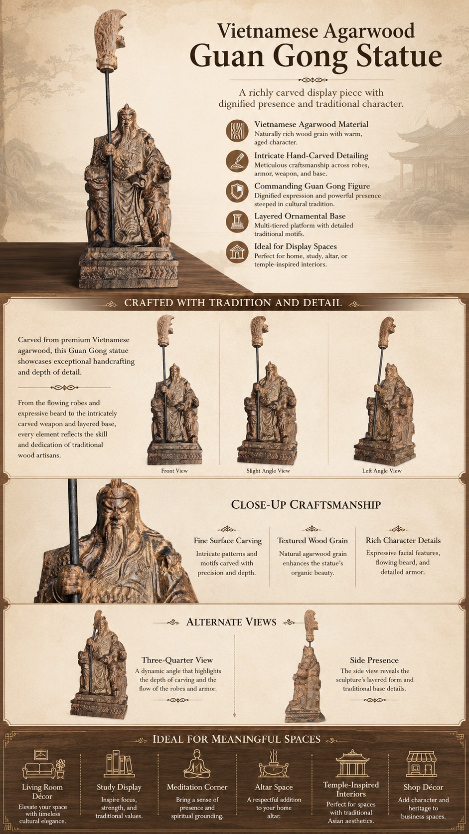 Approved product image of Guan Yu Reading Wood Statue. Inspect the listed facts separately.