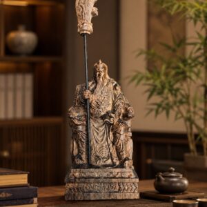 Approved display image of Guan Yu Reading Wood Statue. Use the listed measurements for placement.