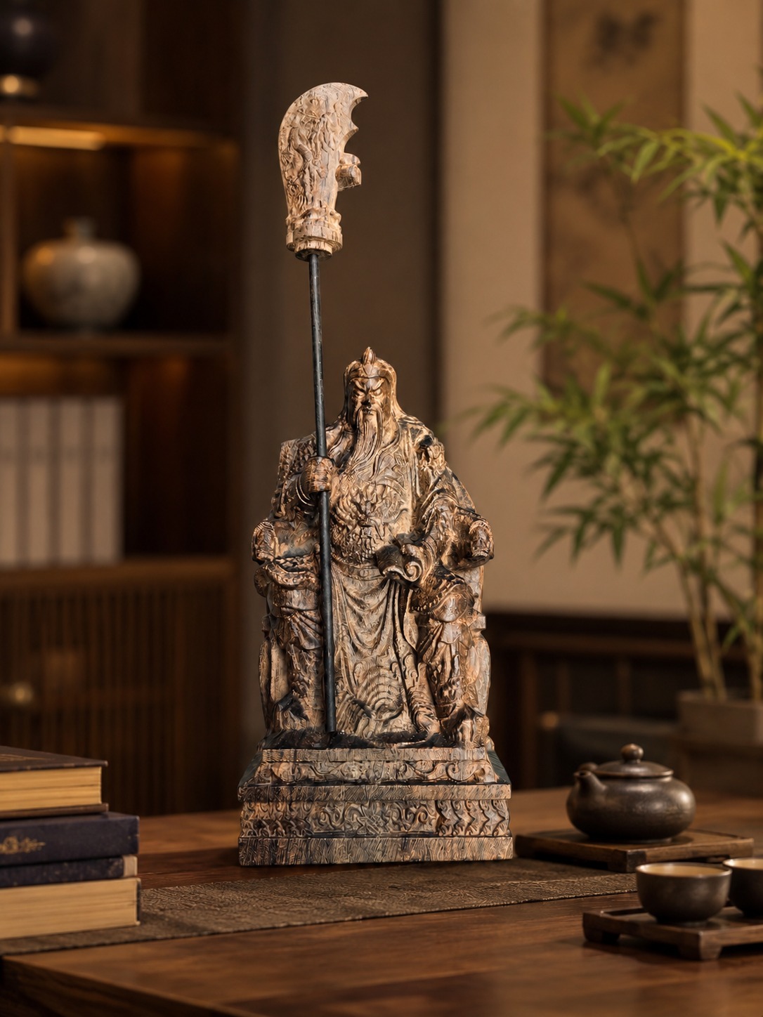 Approved display image of Guan Yu Reading Wood Statue. Use the listed measurements for placement.