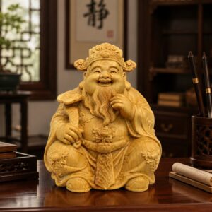 Caishen Wood Statue, approved scene product view.