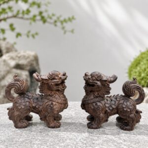 Qilin Statue Pair Wood Sculpture, approved hero product view.