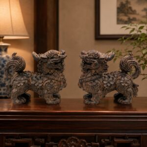 Qilin Statue Pair Wood Sculpture, approved scene product view.