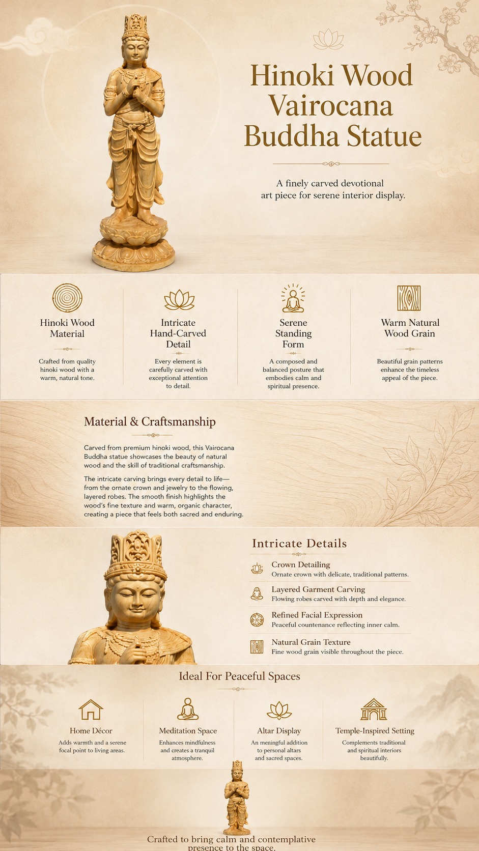 Approved product image of Vairocana Buddha Wood Statue. Inspect the listed facts separately.