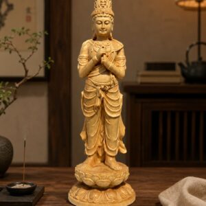 Approved display image of Vairocana Buddha Wood Statue. Use the listed measurements for placement.