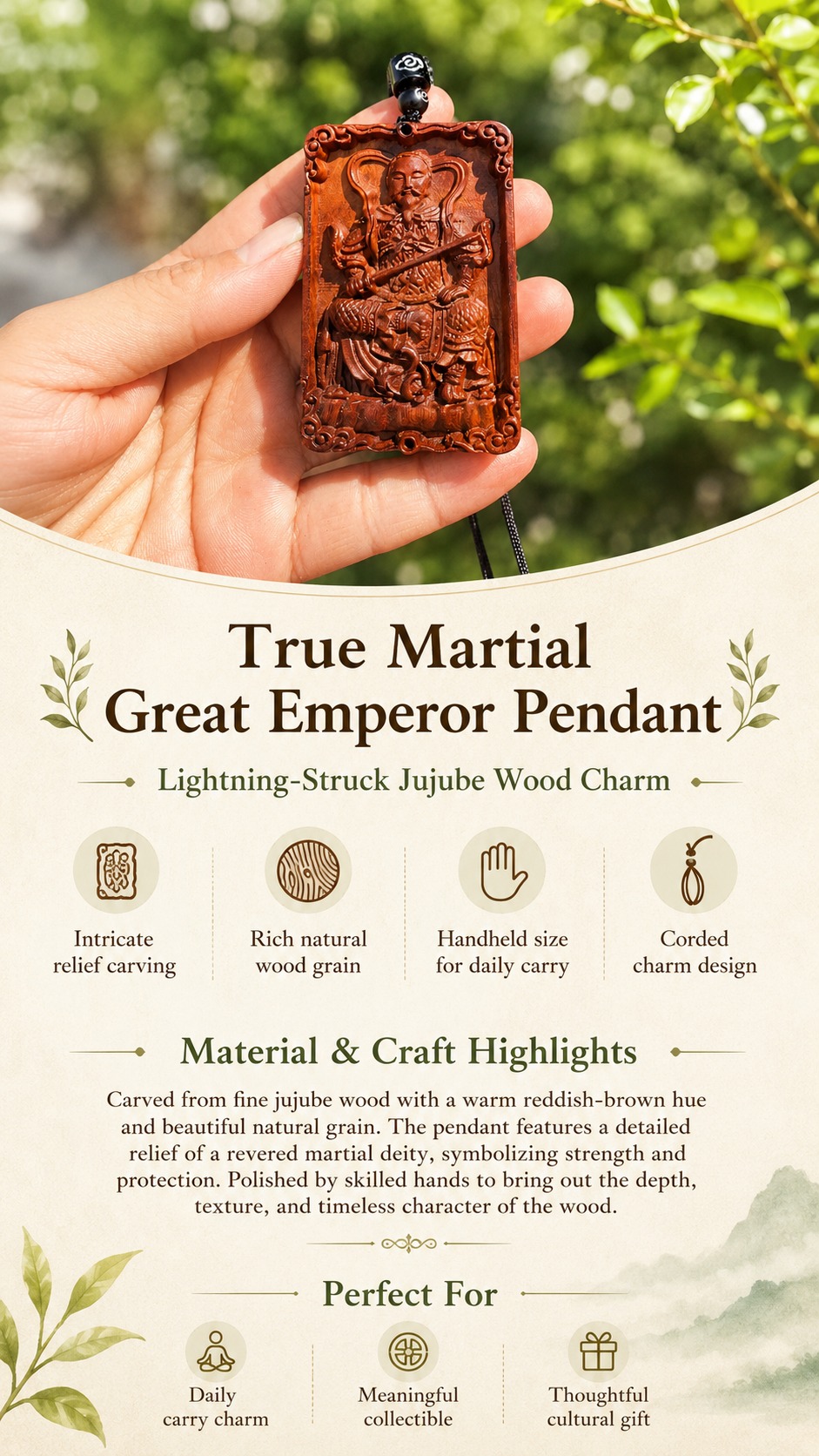 Zhenwu Deity Wood Amulet Pendant, approved detail product view.
