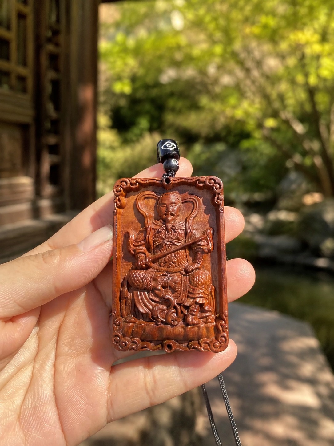 Zhenwu Deity Wood Amulet Pendant, approved scene product view.