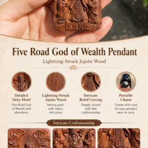 Five Road Gods Wood Pendant Amulet, approved detail product view.