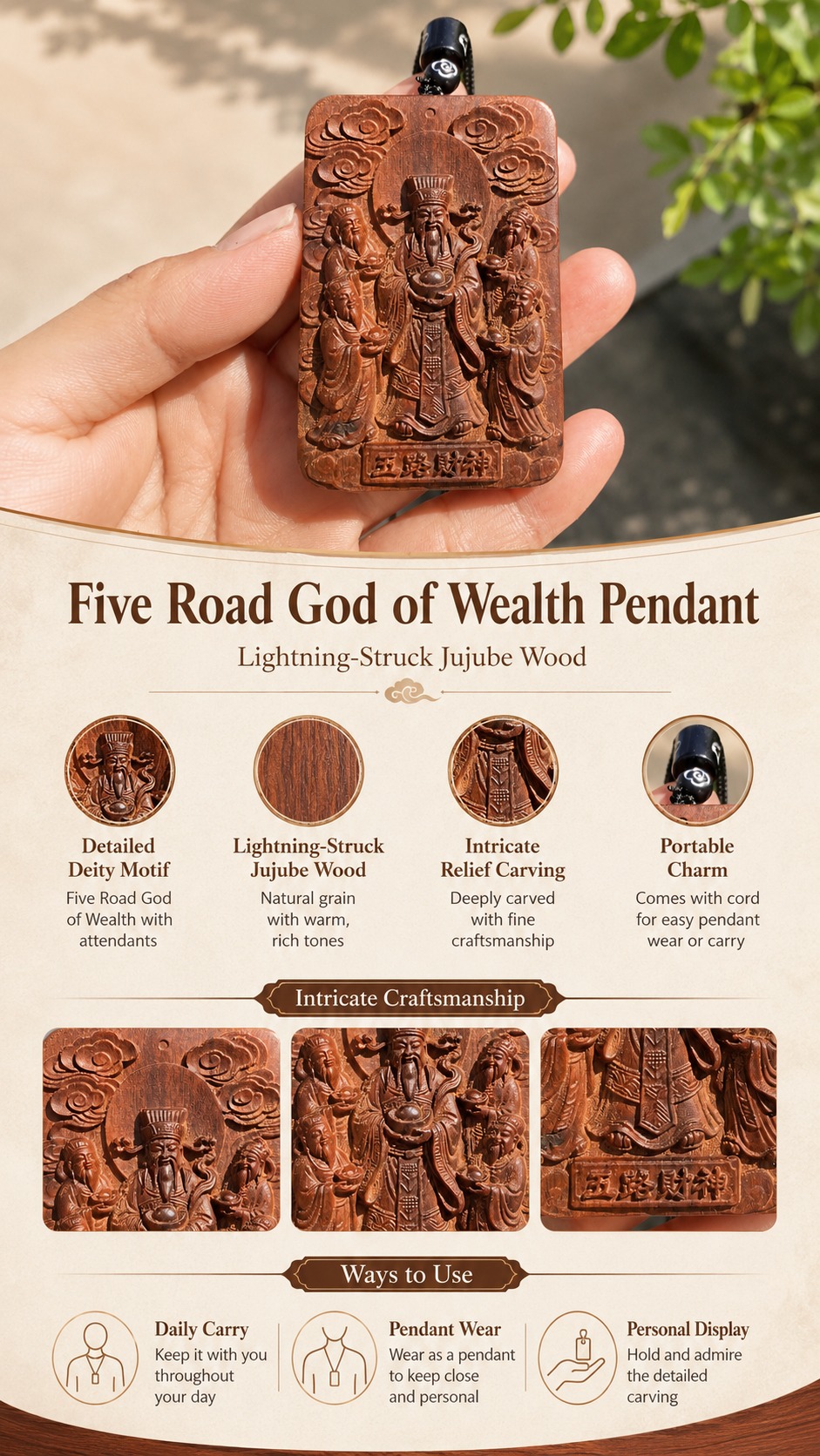 Five Road Gods Wood Pendant Amulet, approved detail product view.