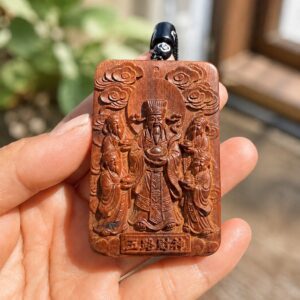 Five Road Gods Wood Pendant Amulet, approved scene product view.