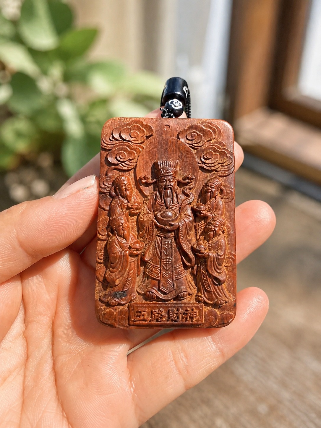 Five Road Gods Wood Pendant Amulet, approved scene product view.