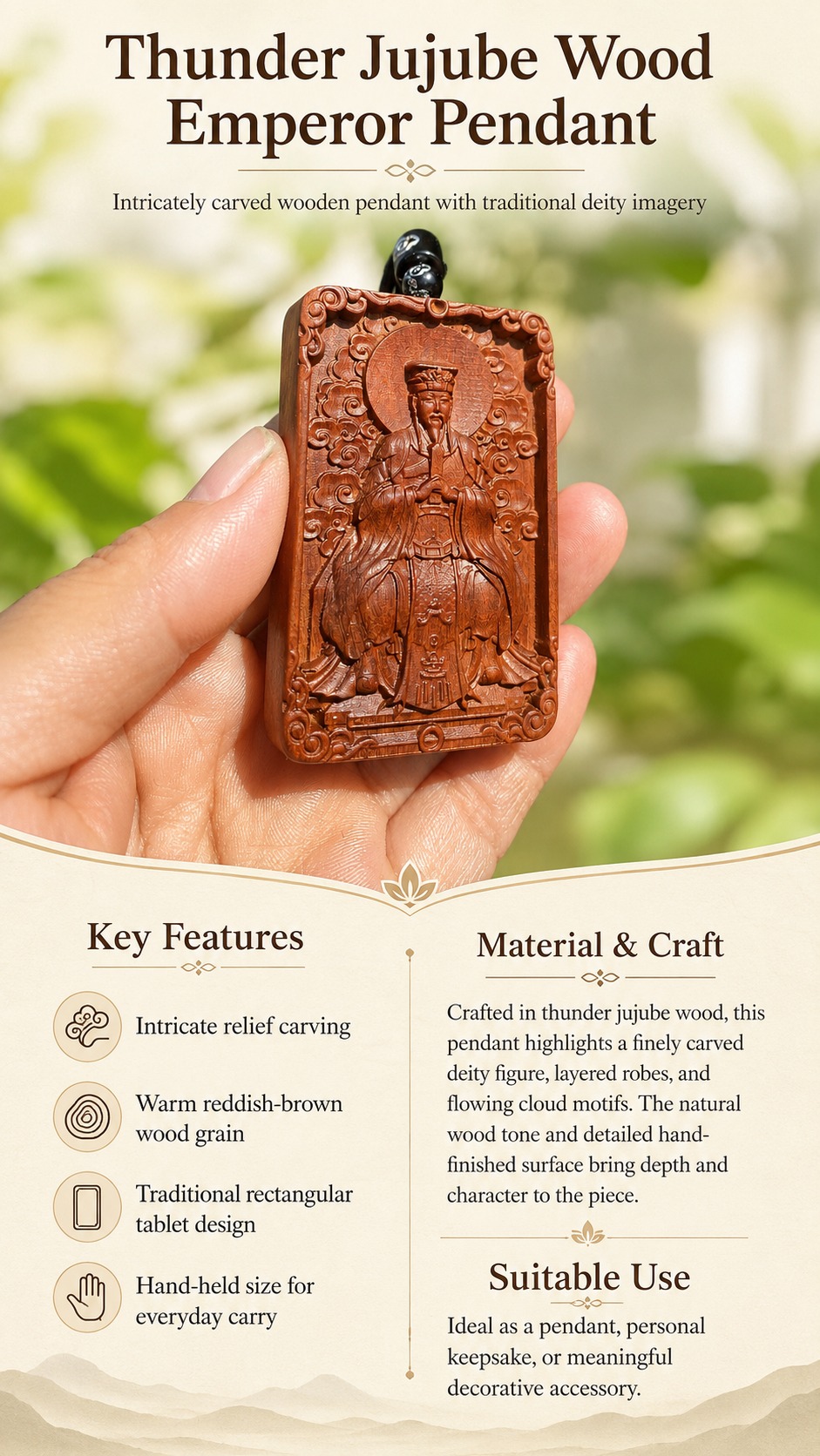 Baosheng Dadi and Ziwei Dadi Double Sided Wood Pendant, approved detail product view.