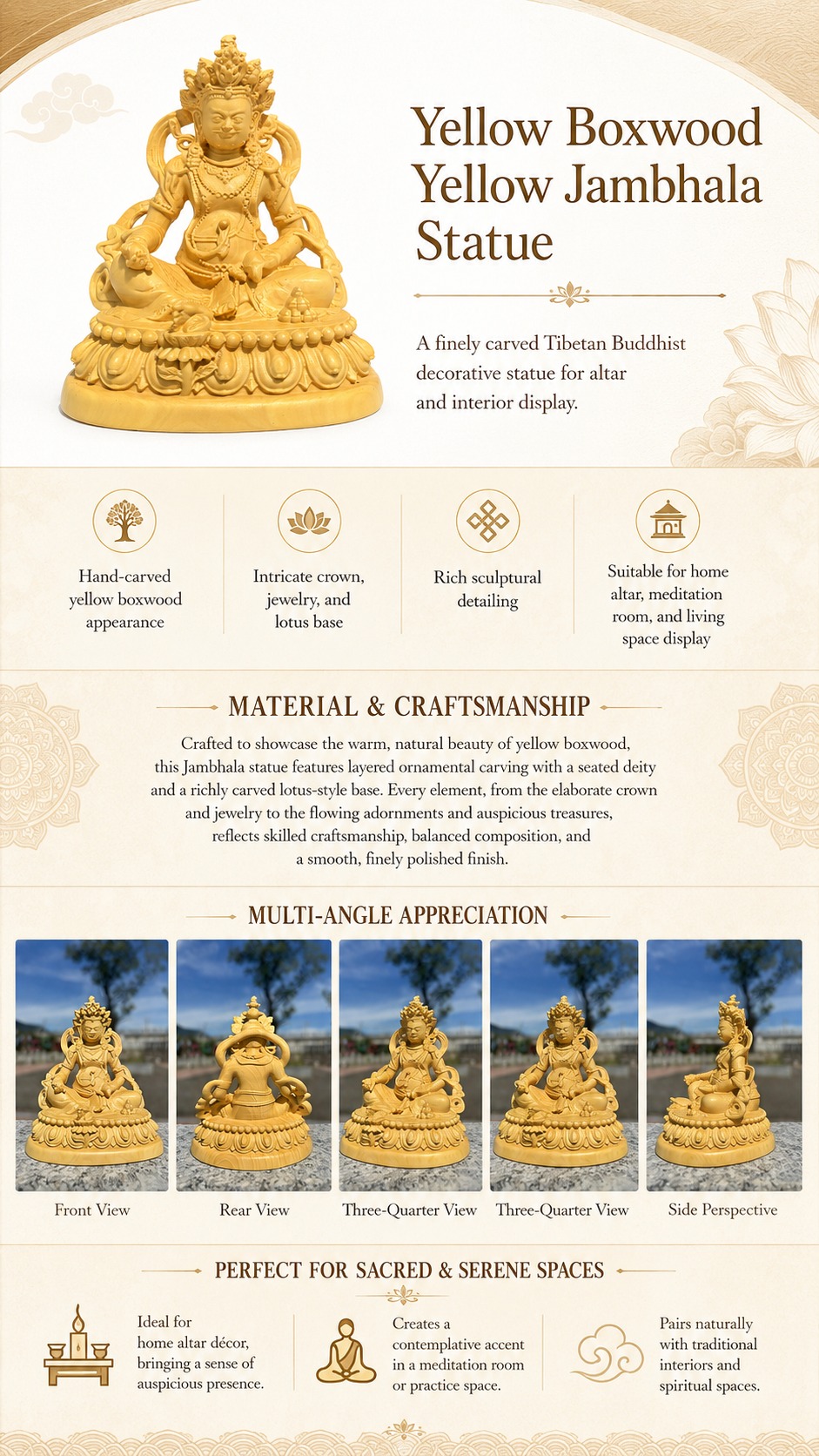 Approved product image of Yellow Jambhala Wood Statue. Inspect the listed facts separately.