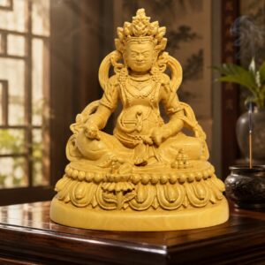 Approved display image of Yellow Jambhala Wood Statue. Use the listed measurements for placement.