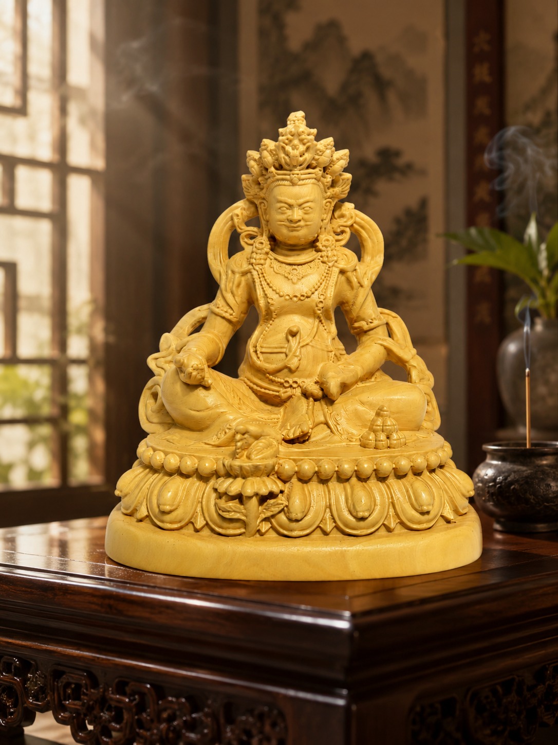 Approved display image of Yellow Jambhala Wood Statue. Use the listed measurements for placement.