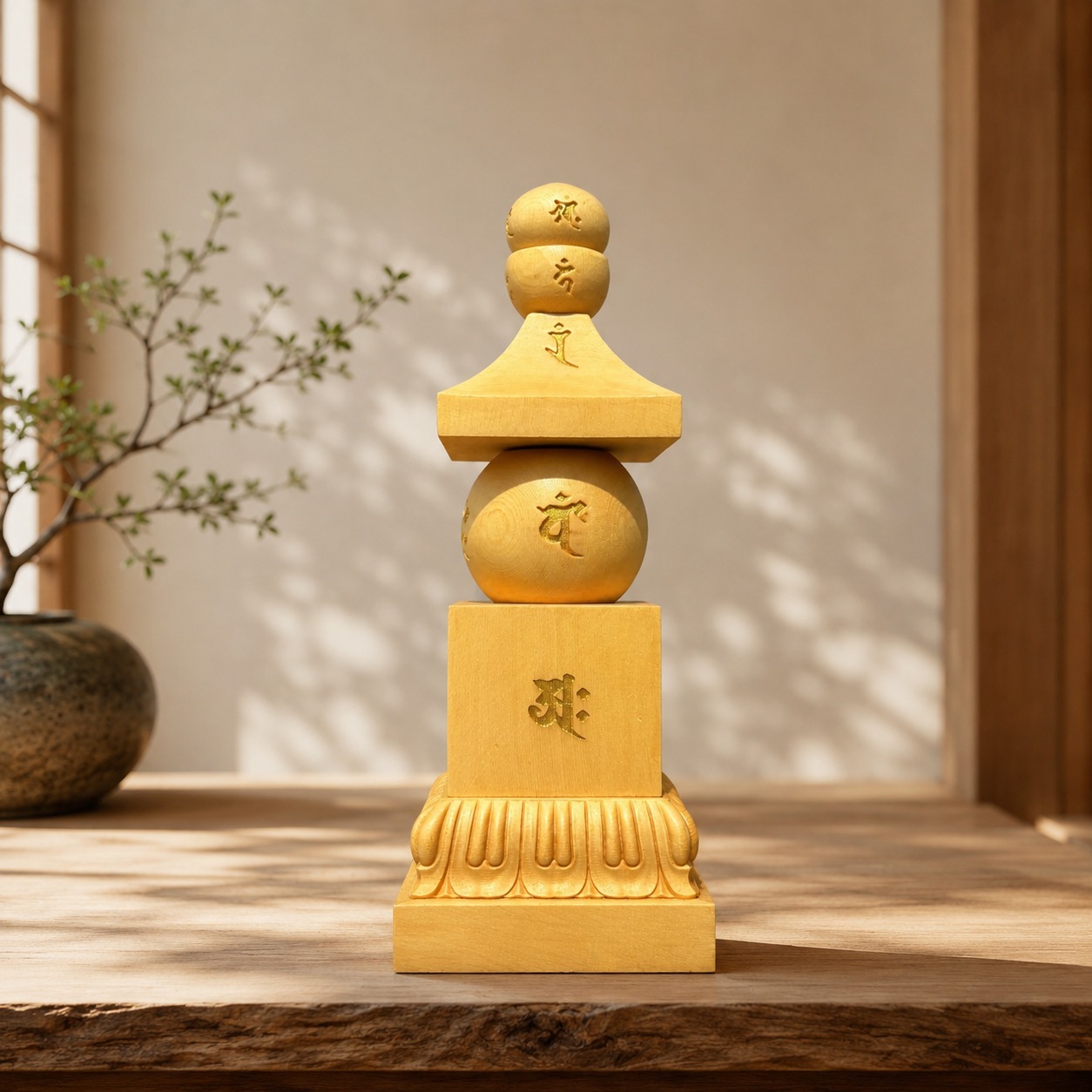 Five Element Pagoda Wood Statue, approved hero product view.