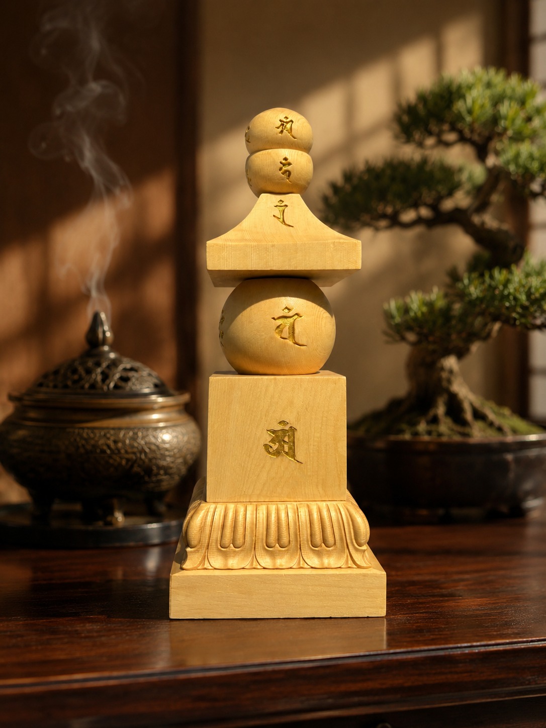 Five Element Pagoda Wood Statue, approved main product view.