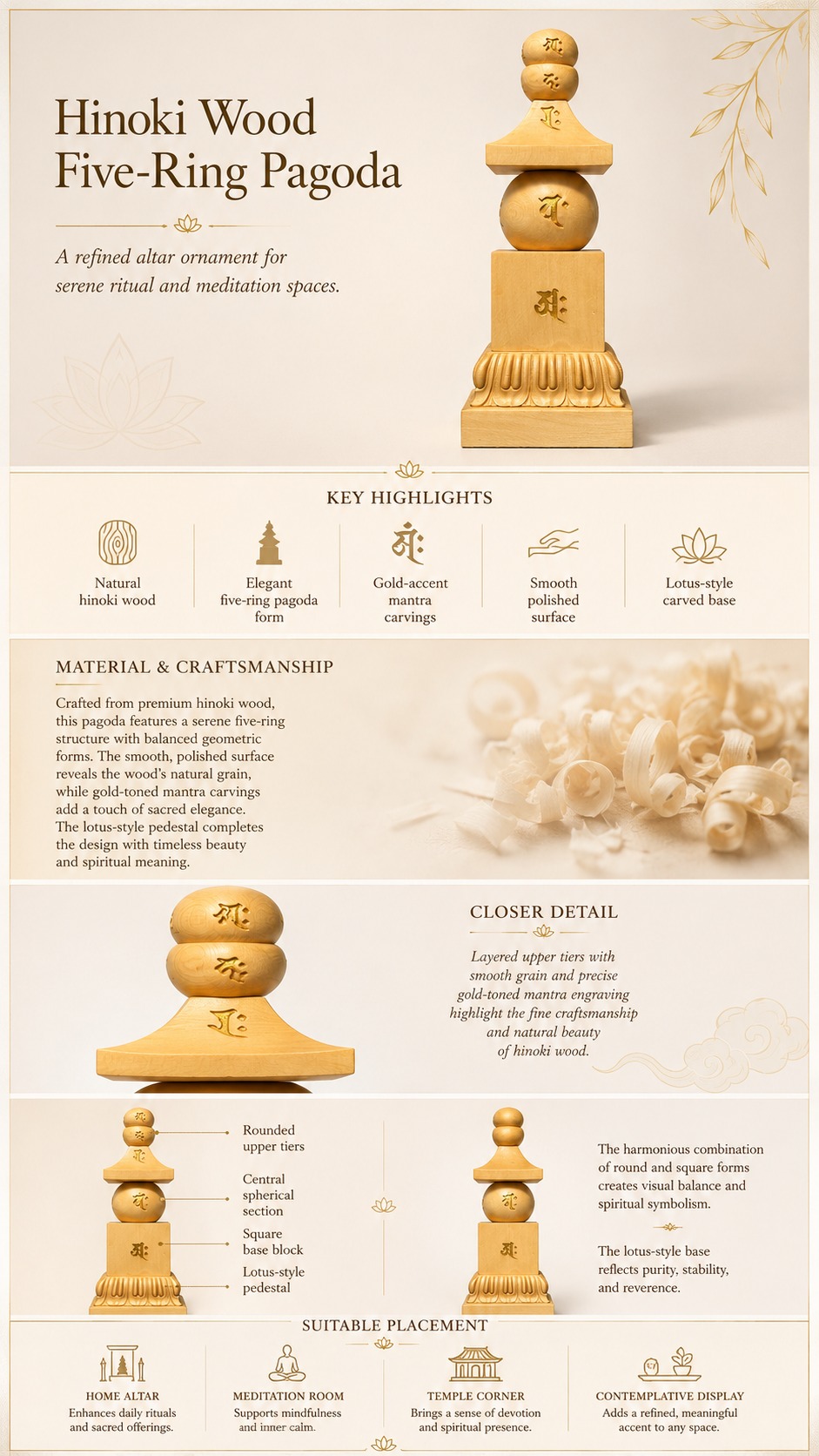 Five Element Pagoda Wood Statue, approved detail product view.
