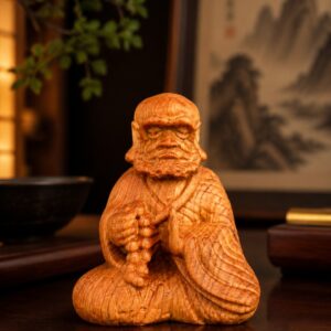 Bodhidharma Wood Statue, approved scene product view.