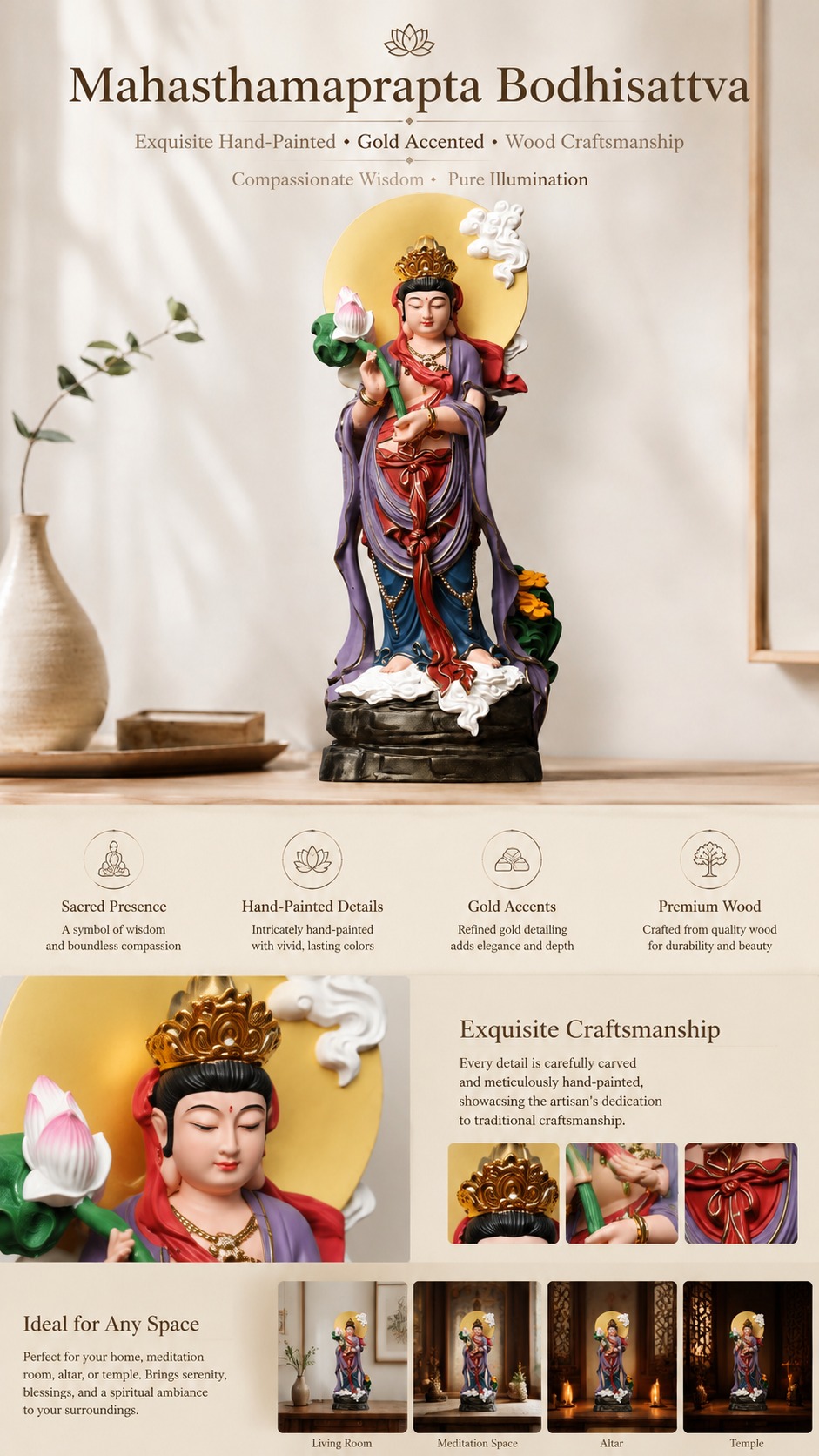 Mahasthamaprapta Bodhisattva Wood Statue, approved detail product view.