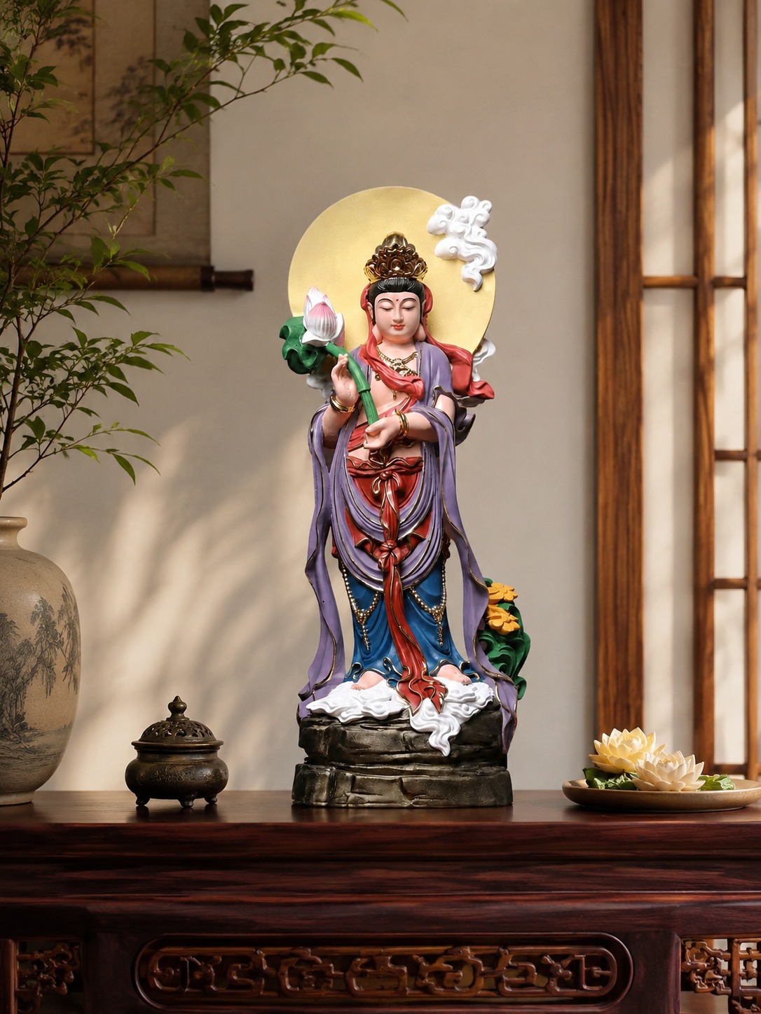 Mahasthamaprapta Bodhisattva Wood Statue, approved scene product view.