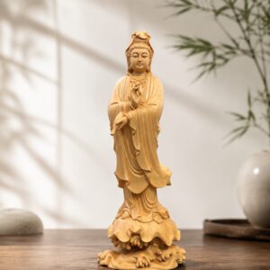 Guanyin Bodhisattva Wood Statue with Vase, approved hero product view.
