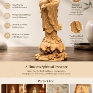 Guanyin Bodhisattva Wood Statue with Vase, approved detail product view.
