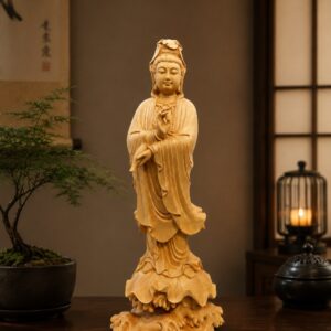 Guanyin Bodhisattva Wood Statue with Vase, approved scene product view.
