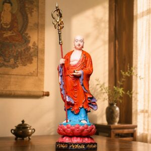 Ksitigarbha Bodhisattva Wood Statue with Accents, approved scene product view.