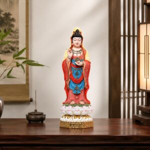 Approved display image of Nanhai Guanyin Wood Statue. Use the listed measurements for placement.
