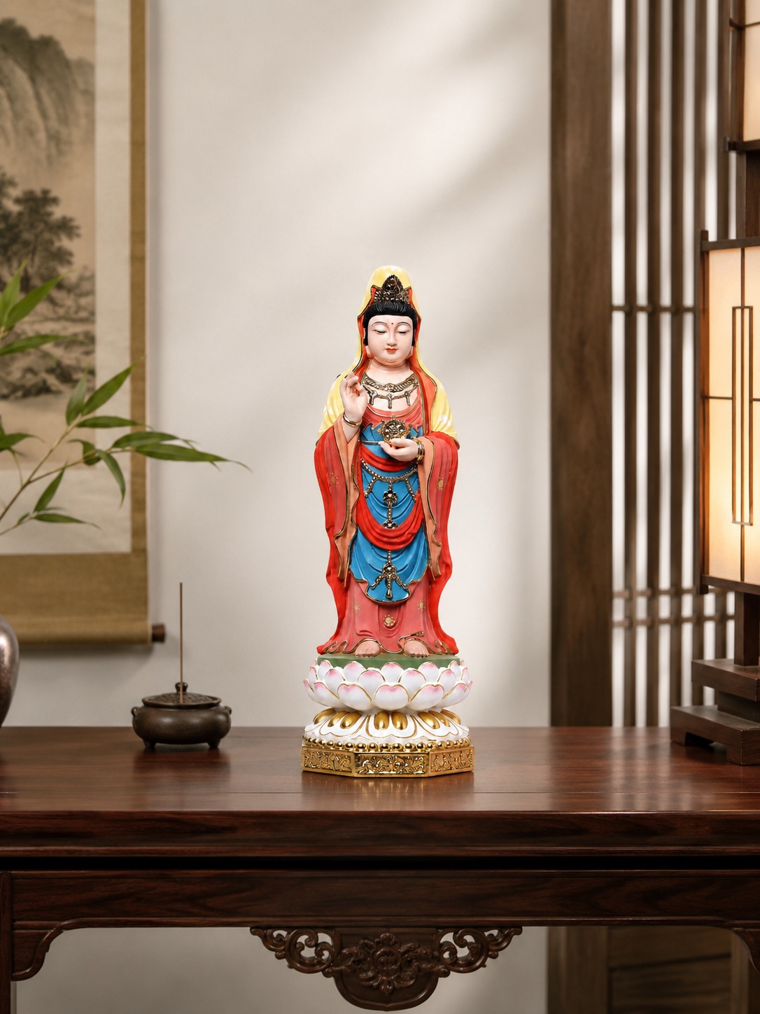 Approved display image of Nanhai Guanyin Wood Statue. Use the listed measurements for placement.