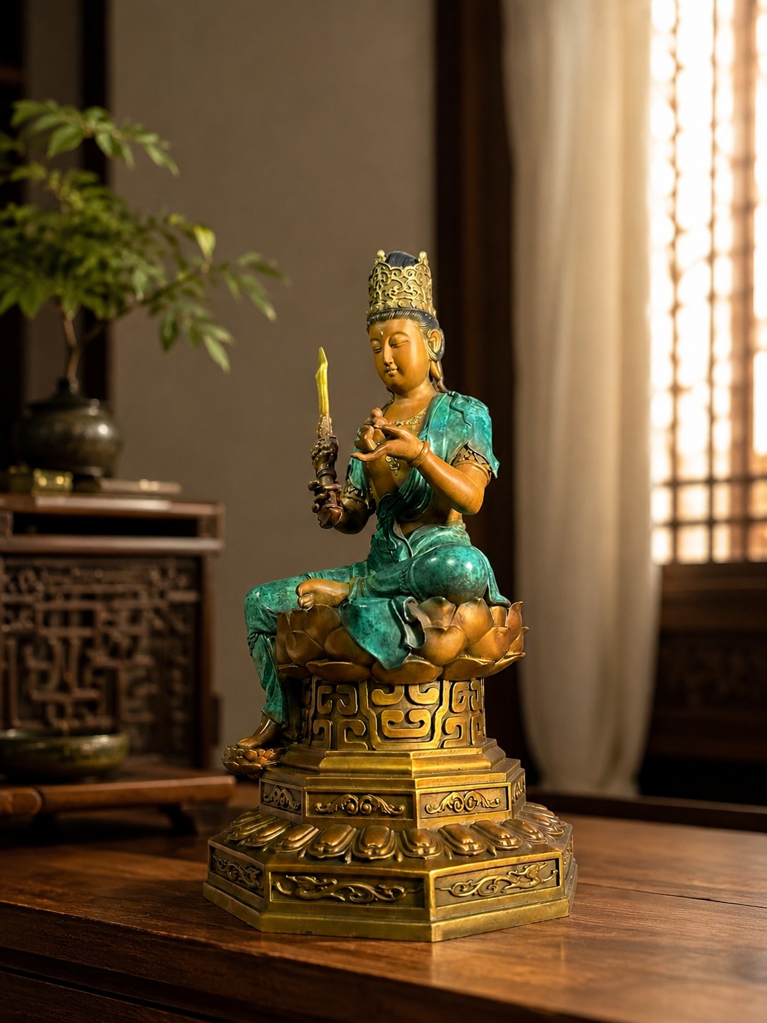 Akasagarbha Bodhisattva Copper Alloy Statue, approved scene product view.