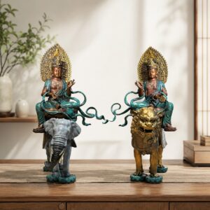 Manjushri and Samantabhadra Buddha Bronze Statue, approved hero product view.