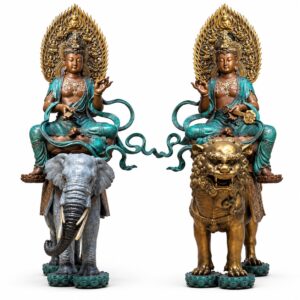 Manjushri and Samantabhadra Buddha Bronze Statue, approved main product view.