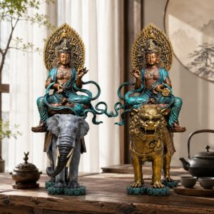 Manjushri and Samantabhadra Buddha Bronze Statue, approved scene product view.