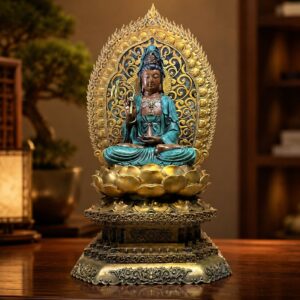 Sitting Lotus Guan Yin Bodhisattva Brass Statue, approved main product view.