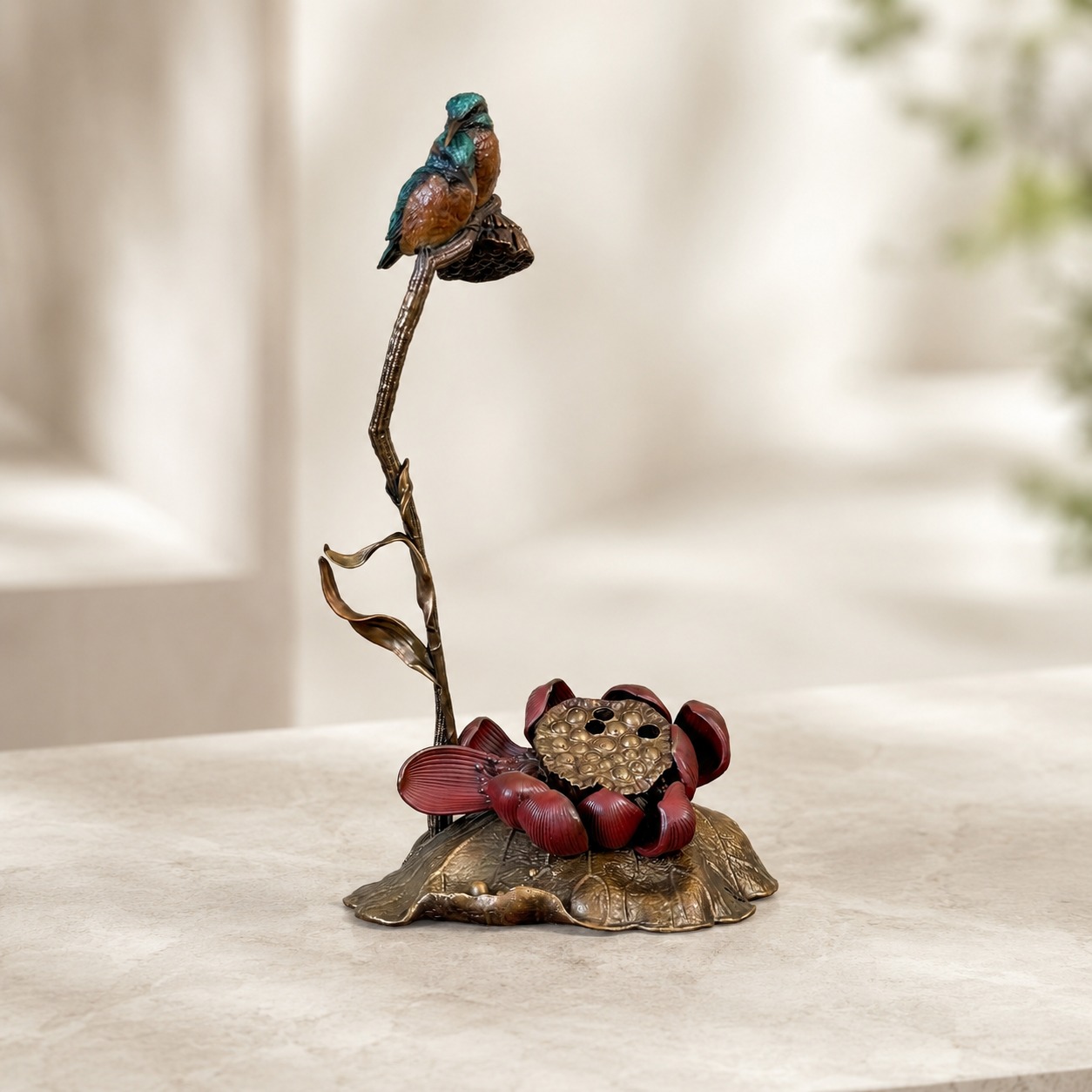 Bird and Flower Brass Incense Burner Art Sculpture, approved hero product view.