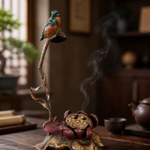 Bird and Flower Brass Incense Burner Art Sculpture, approved main product view.