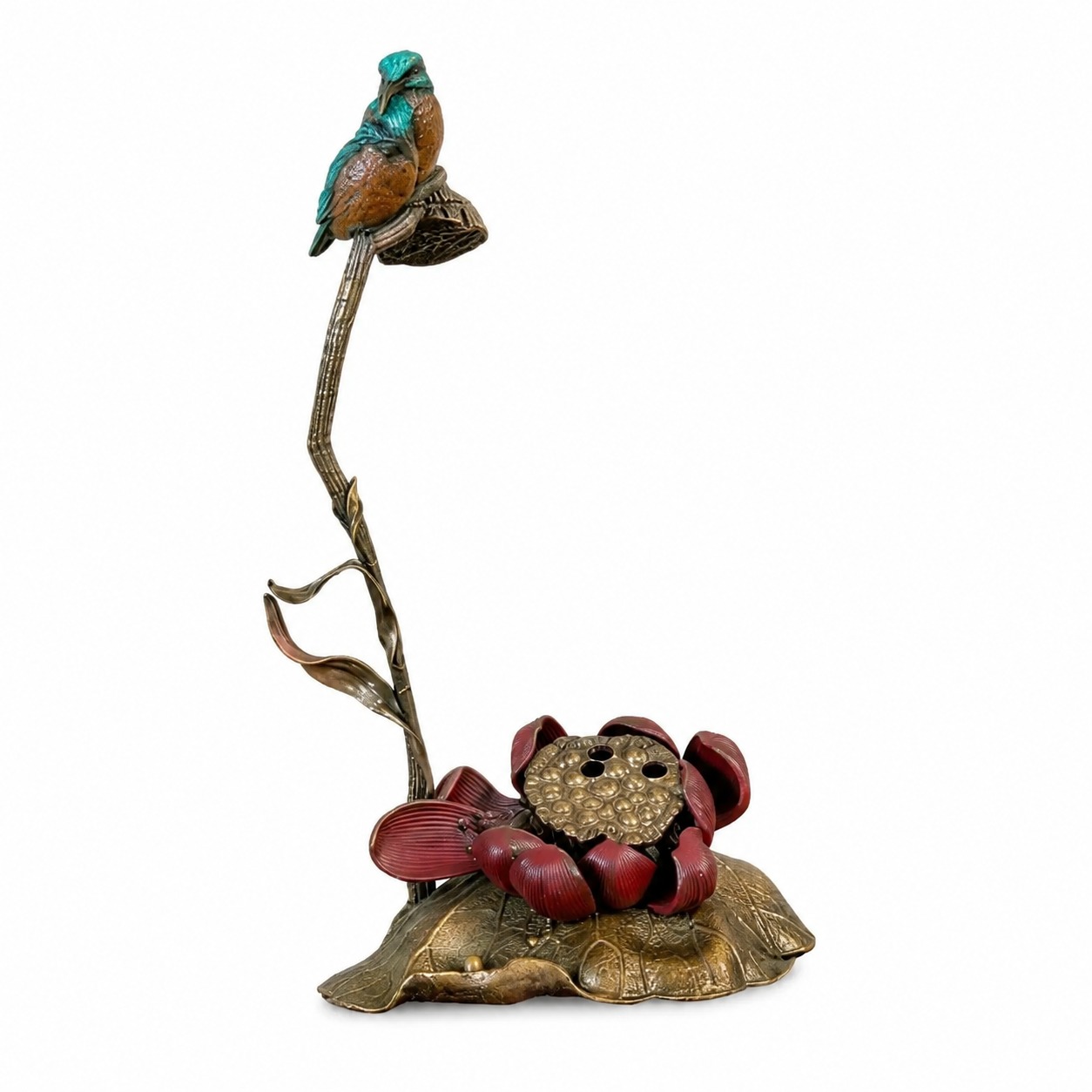 Bird and Flower Brass Incense Burner Art Sculpture, approved main product view.