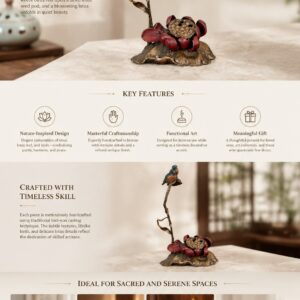 Bird and Flower Brass Incense Burner Art Sculpture, approved detail product view.