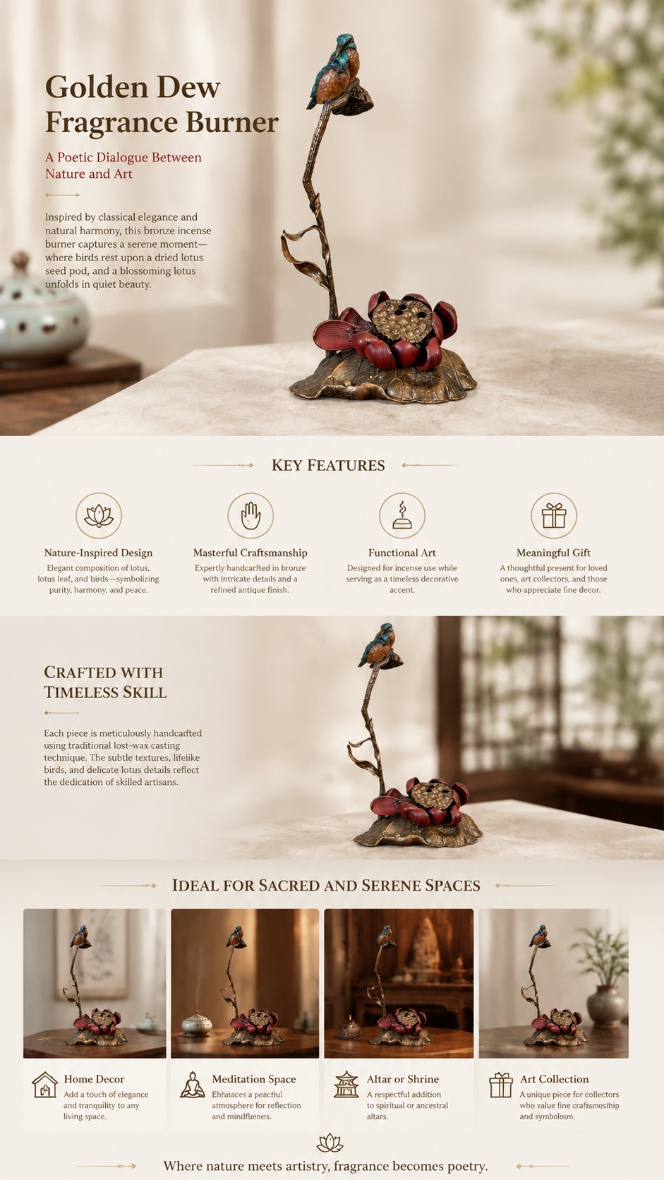 Bird and Flower Brass Incense Burner Art Sculpture, approved detail product view.