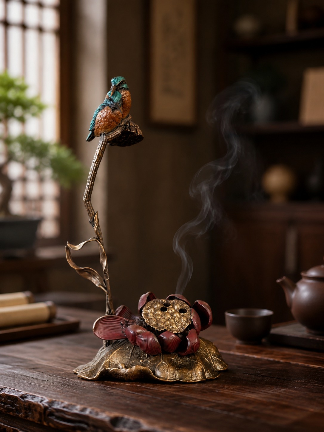 Bird and Flower Brass Incense Burner Art Sculpture, approved scene product view.