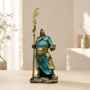 Guan Gong Brass Statue Standing with Guandao, approved hero product view.