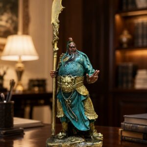 Guan Gong Brass Statue Standing with Guandao, approved main product view.