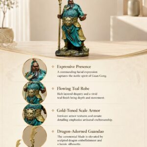 Guan Gong Brass Statue Standing with Guandao, approved detail product view.