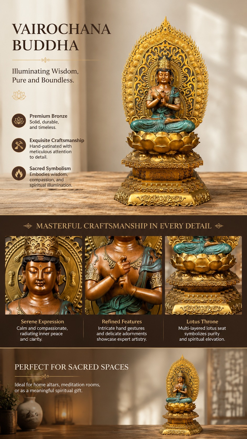 Vairocana Buddha Copper Alloy Statue, approved detail product view.