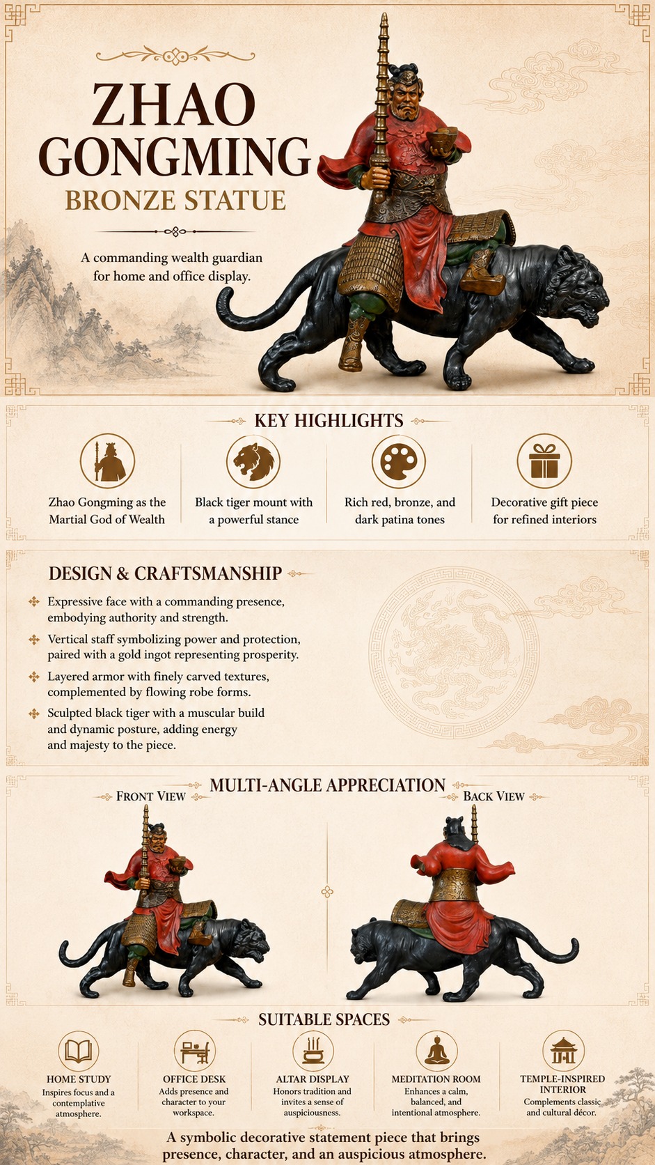 Zhao Gongming Martial God Bronze Statue, approved detail product view.