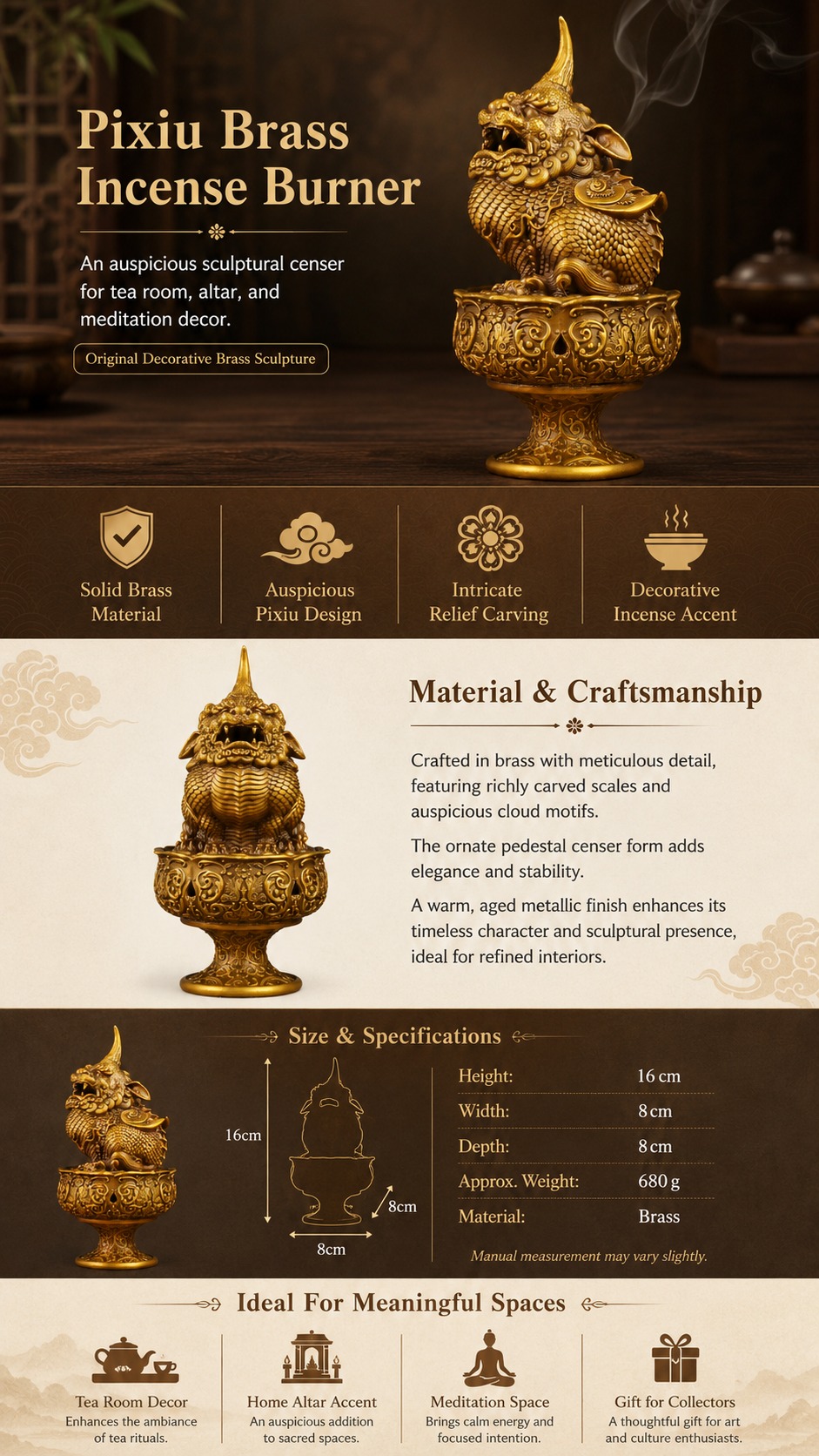 Pixiu Brass Incense Burner Sculpture, approved main product view.