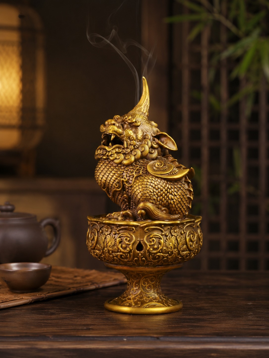 Pixiu Brass Incense Burner Sculpture, approved scene product view.